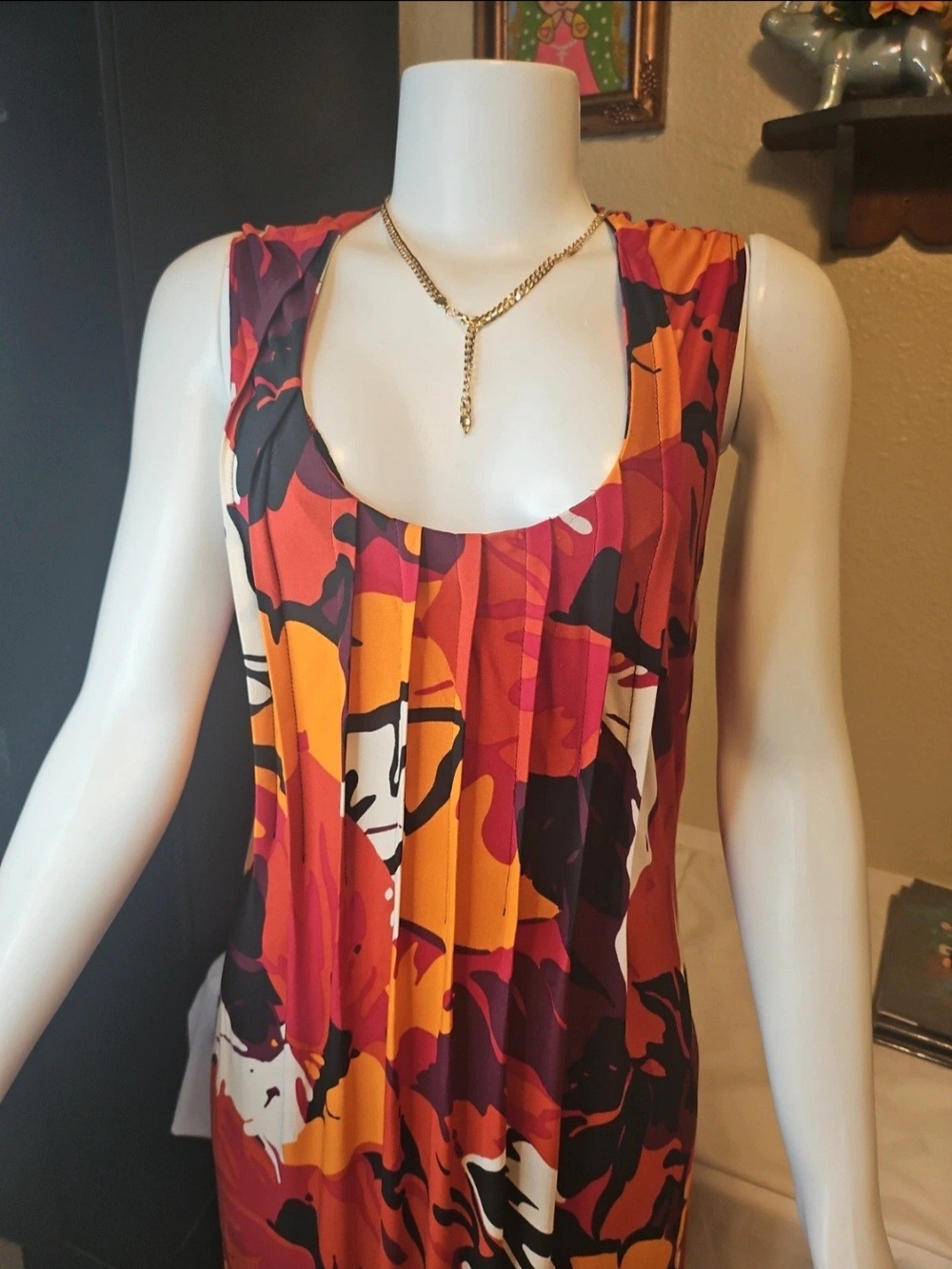 Glamour Sleeveless Midi Dress in Orange, Pink & Black Floral Print